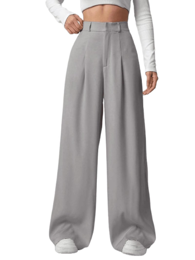 Aahwan Grey Solid High Waist Straight Korean Loose Pleated Wide Leg Trouser for Women's & Girl's(296-Grey_34) - Image 1