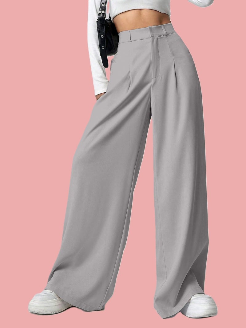 Aahwan Grey Solid High Waist Straight Korean Loose Pleated Wide Leg Trouser for Women's & Girl's(296-Grey_34) - Image 5