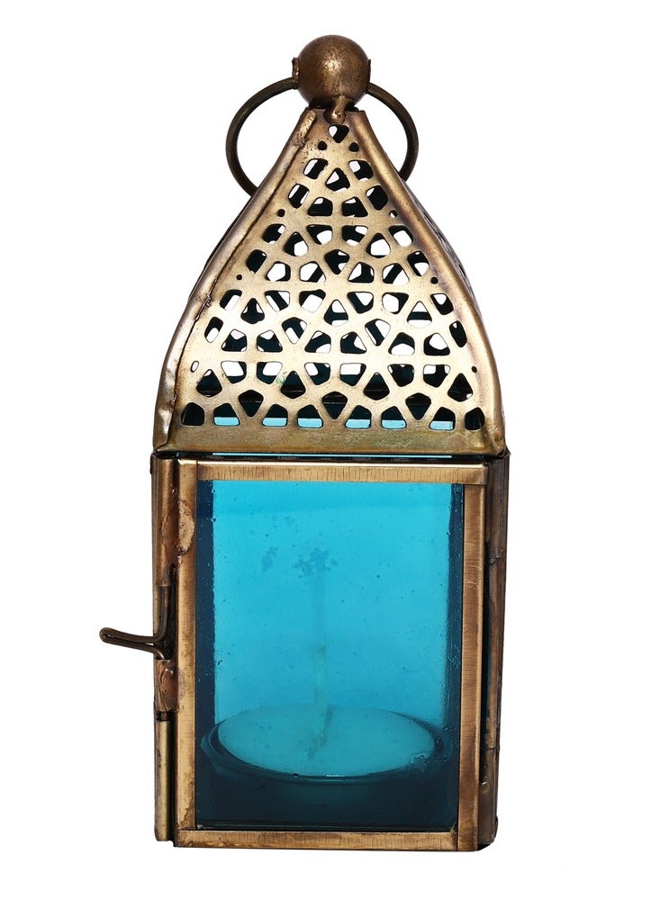HILALFUL Handmade Decorative Candle Lantern, Small | Suitable for Indoor & Outdoor Décor | Moroccon Arabian Style | For Home Decoration in Ramadan, Eid | Iron | Islamic Gift | Turquoise Glass - Image 1