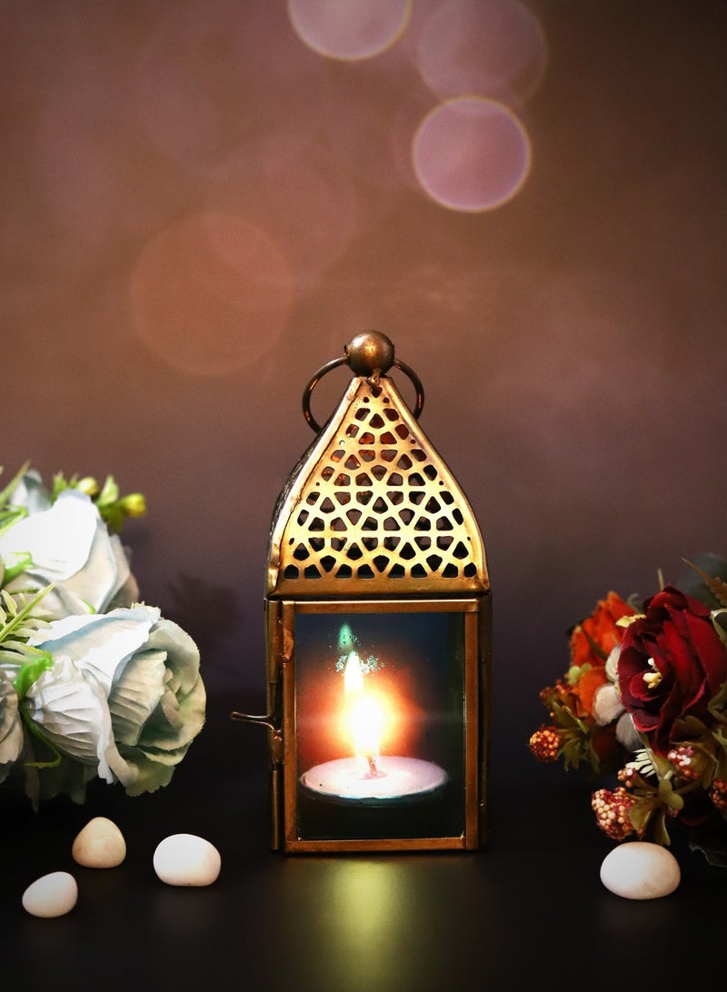 HILALFUL Handmade Decorative Candle Lantern, Small | Suitable for Indoor & Outdoor Décor | Moroccon Arabian Style | For Home Decoration in Ramadan, Eid | Iron | Islamic Gift | Turquoise Glass - Image 2