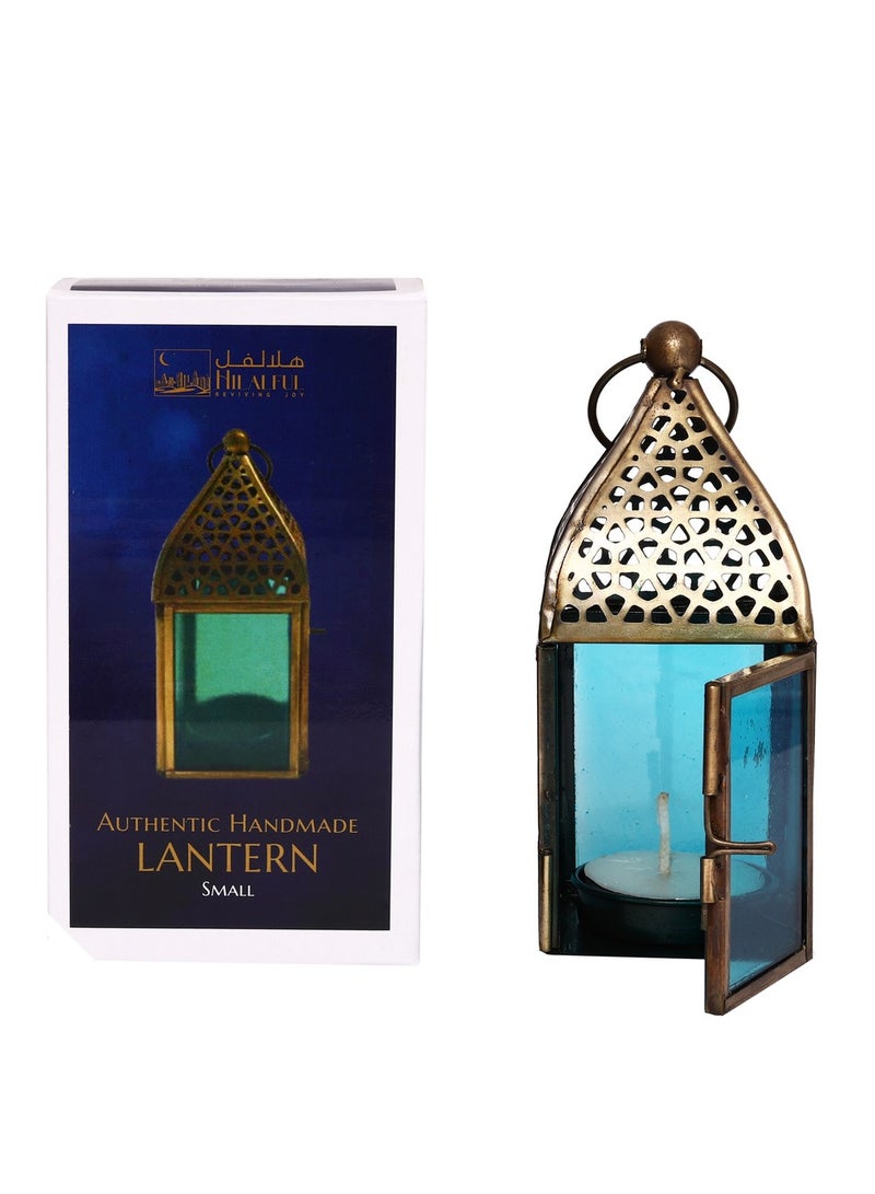 HILALFUL Handmade Decorative Candle Lantern, Small | Suitable for Indoor & Outdoor Décor | Moroccon Arabian Style | For Home Decoration in Ramadan, Eid | Iron | Islamic Gift | Turquoise Glass - Image 3