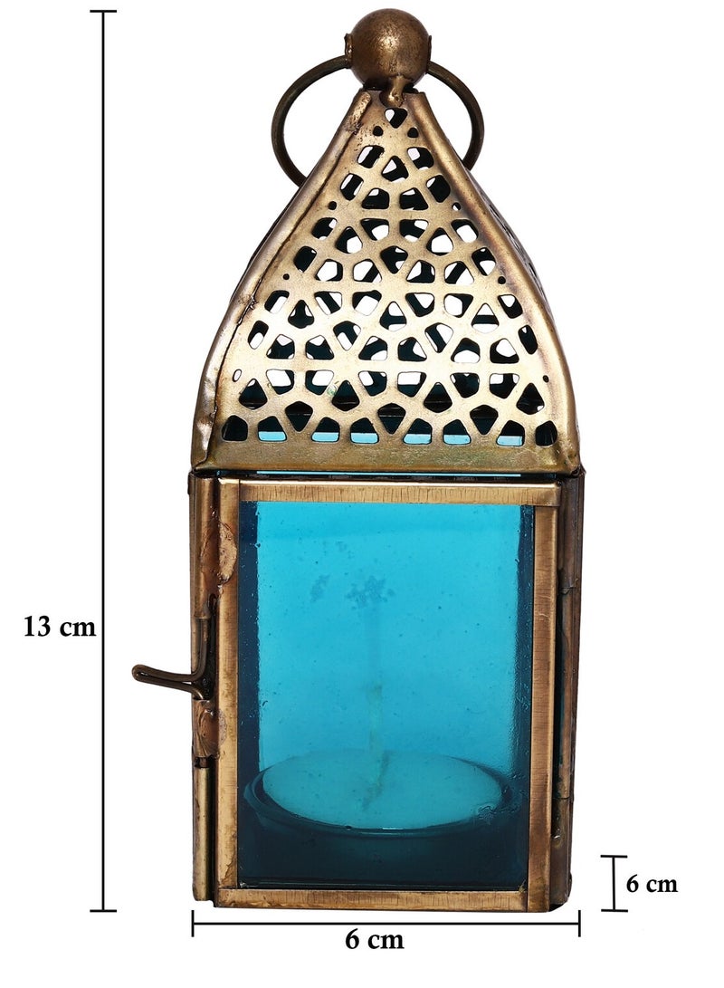 HILALFUL Handmade Decorative Candle Lantern, Small | Suitable for Indoor & Outdoor Décor | Moroccon Arabian Style | For Home Decoration in Ramadan, Eid | Iron | Islamic Gift | Turquoise Glass - Image 4