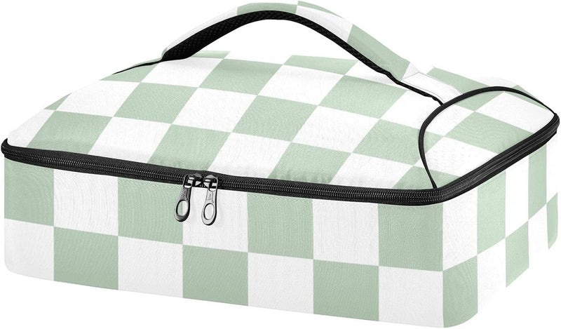 ElliTarr Casserole Carrier Insulated Casserole Dish Carrier Thermal Food Warmer Bag Lasagna Holder Lugger Tote Potluck Containers for Travel Picnic Party Checkered White and Green - Image 1