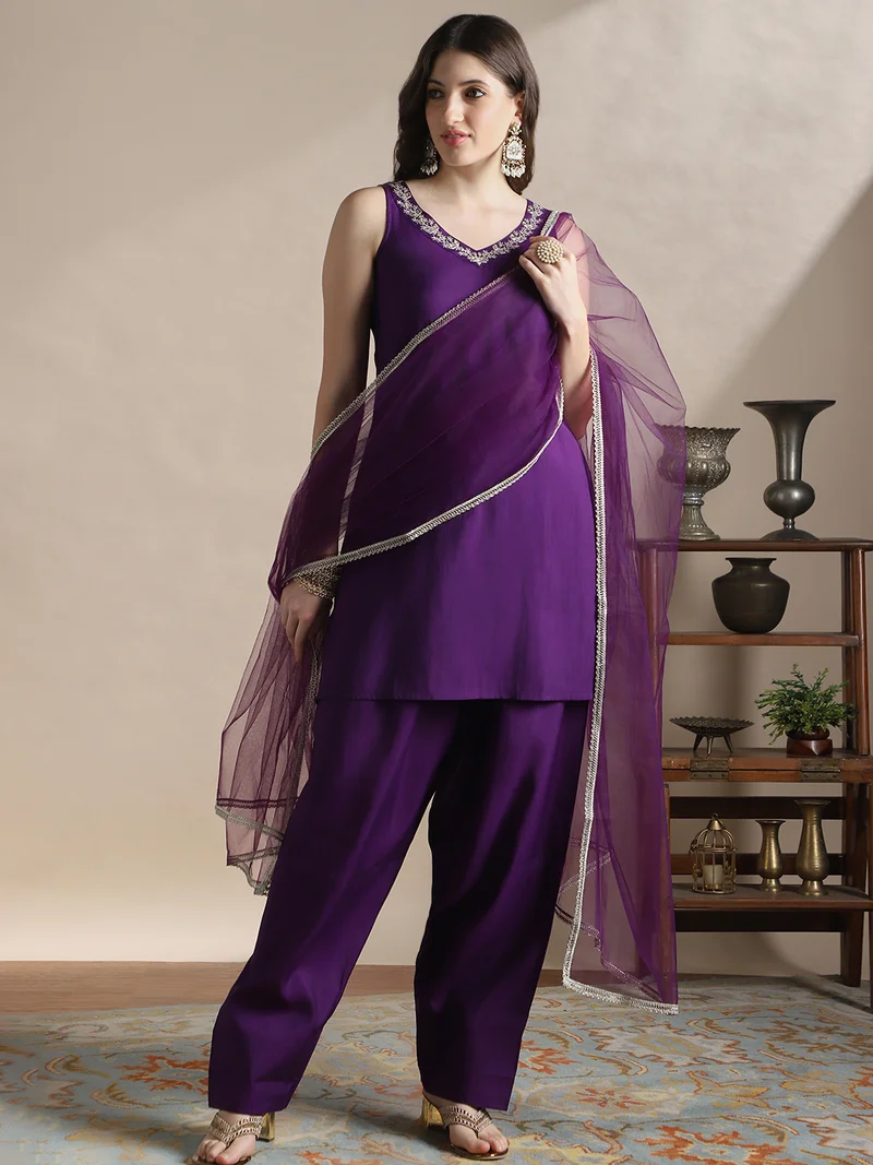 Globus Women Purple Zari Embroidered V-Neck Sleeveless A-Line Kurti With Wide Leg Pants & Tapping Dupatta Festive Set