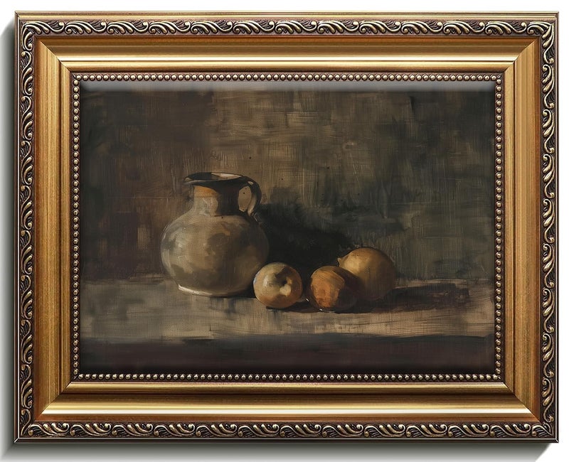XOCUUI Farmhouse Still Life Picture Living Room - Rustic Vintage Decor for Bedroom - Peach Fruit Dining Room Moody Muted Oil Painting Art Deco Framed Wall Art for Kitchen - 9 x 12 - Image 1