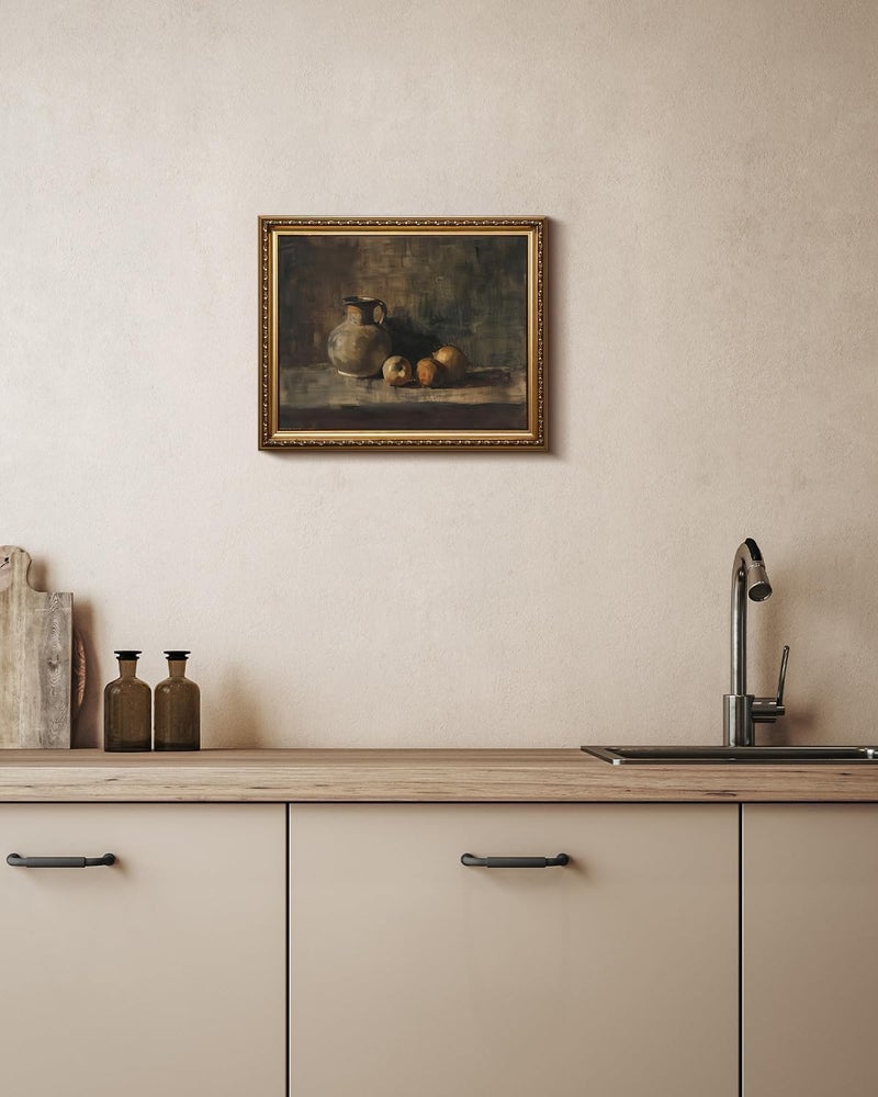 XOCUUI Farmhouse Still Life Picture Living Room - Rustic Vintage Decor for Bedroom - Peach Fruit Dining Room Moody Muted Oil Painting Art Deco Framed Wall Art for Kitchen - 9 x 12 - Image 3
