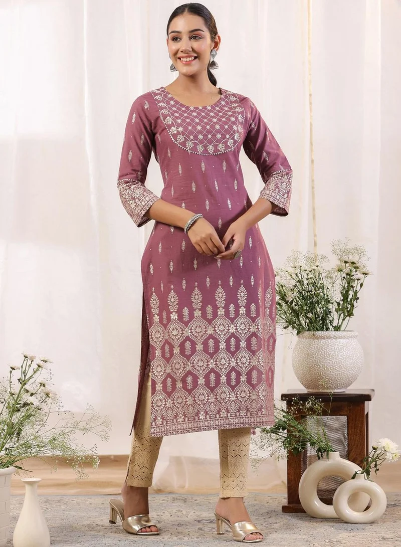 ISHIN Regular Fit Three-Quarter Sleeve Printed Purple Cotton Woven Kurta Set For Women Flat Collar Perfect For Wedding And Engagement Pull On Closure