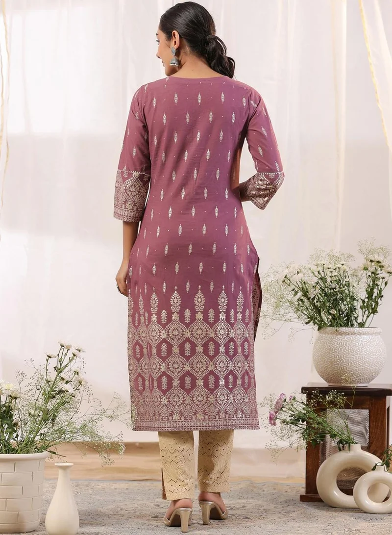 ISHIN Regular Fit Three-Quarter Sleeve Printed Purple Cotton Woven Kurta Set For Women Flat Collar Perfect For Wedding And Engagement Pull On Closure