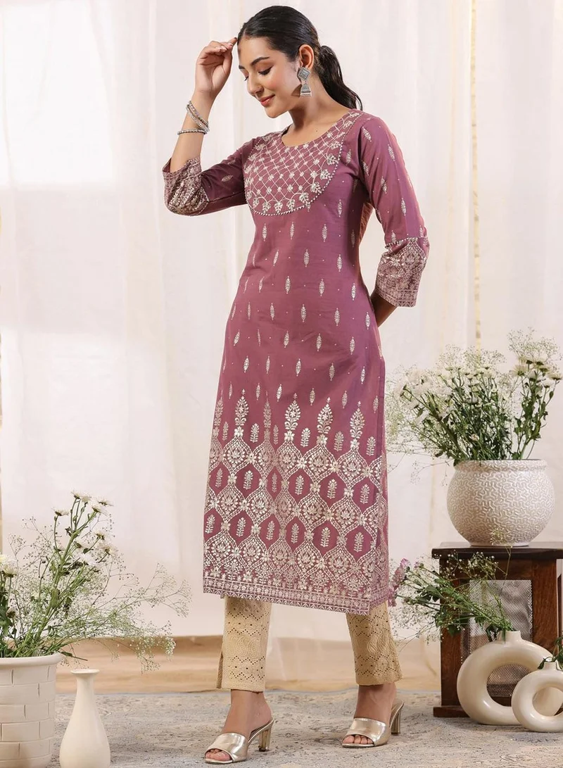 ISHIN Regular Fit Three-Quarter Sleeve Printed Purple Cotton Woven Kurta Set For Women Flat Collar Perfect For Wedding And Engagement Pull On Closure