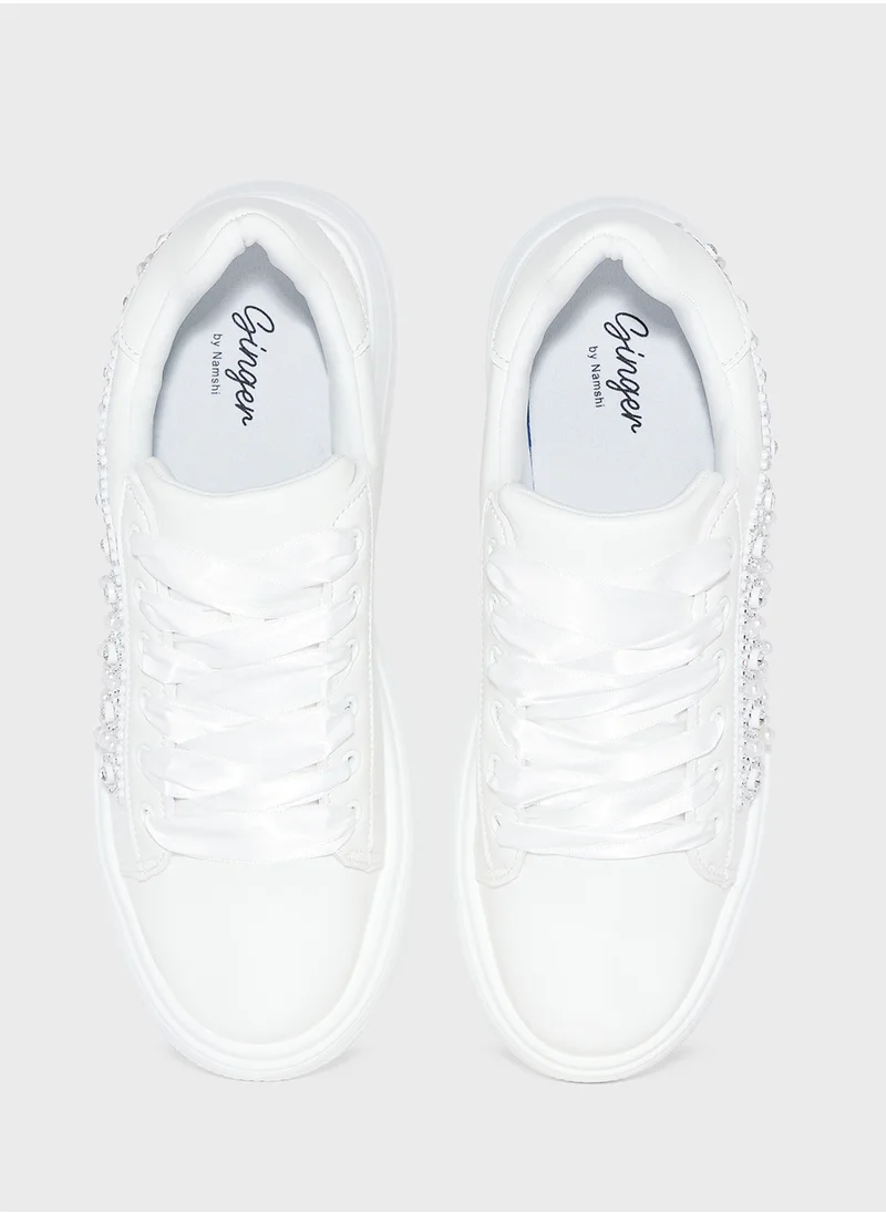 جينجر Rhinestone Pearl Detail Sneaker