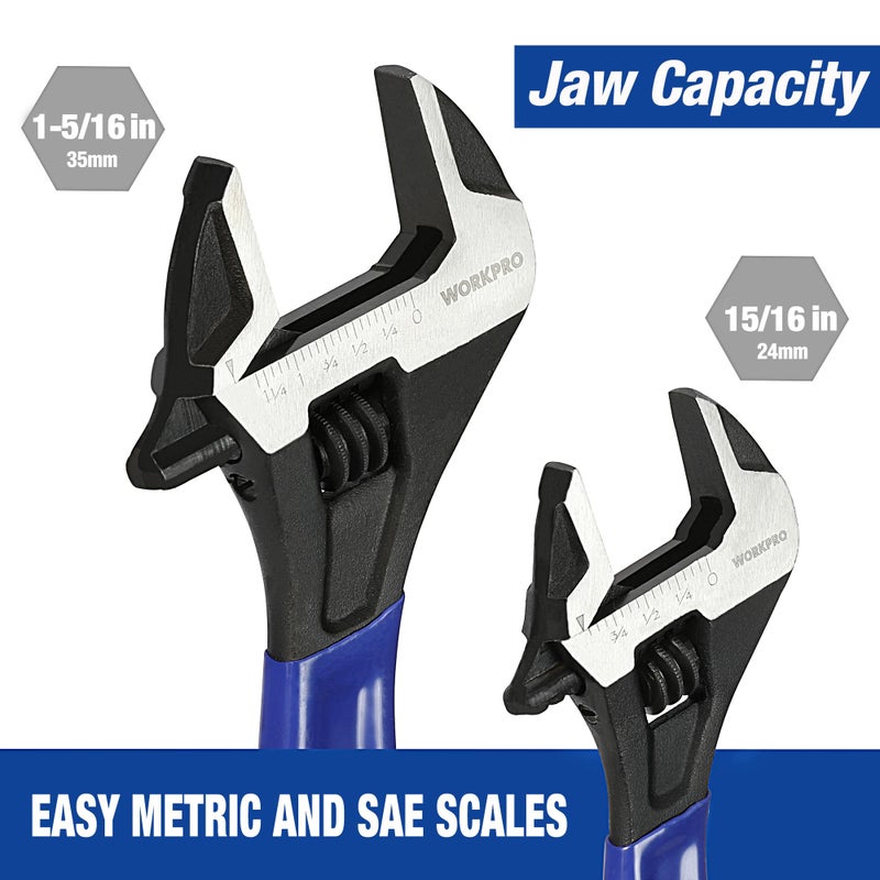 WORKPRO 2-Piece Adjustable Wrench Set, 6-Inch & 10-Inch Wide Jaw Black Oxide Wrench, Cr-V Steel, Metric & SAE Scales, Max Jaw Opening 15/16" & 1-5/16", for Home Repairs, Plumbing, Garage Work - Image 3