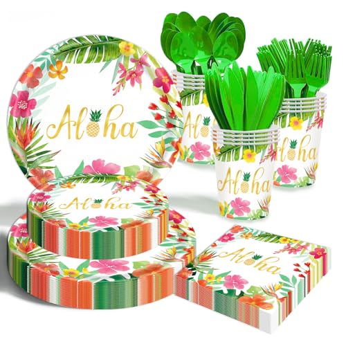 OUNIY Hawaiian Luau Party Decorations Supplies 175 PCS Aloha Tropical Birthday Party Decorations Disposable Dinnerware Set 25 Guest With Paper Plates Napkin Cup for Summer Beach Themed Pool - Image 1