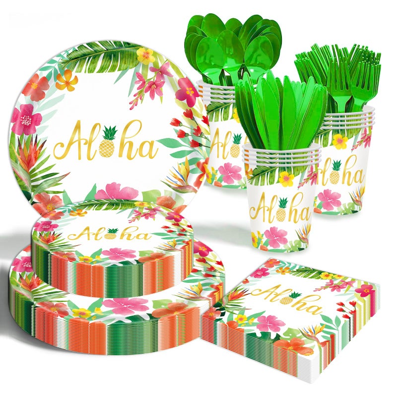 OUNIY Hawaiian Luau Party Decorations Supplies 175 PCS Aloha Tropical Birthday Party Decorations Disposable Dinnerware Set 25 Guest With Paper Plates Napkin Cup for Summer Beach Themed Pool - Image 2