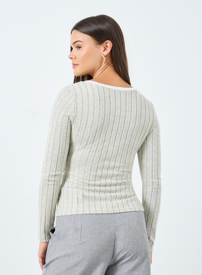 Styli Grey Ribbed V Neck Slim Fit T-Shirt with Contrast Trim - Image 4