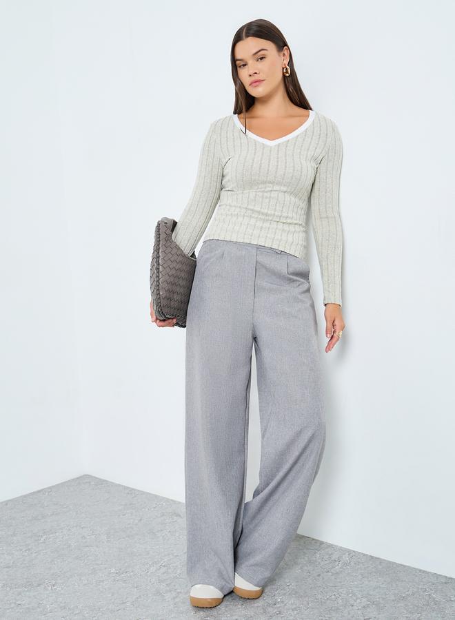 Styli Grey Ribbed V Neck Slim Fit T-Shirt with Contrast Trim - Image 2