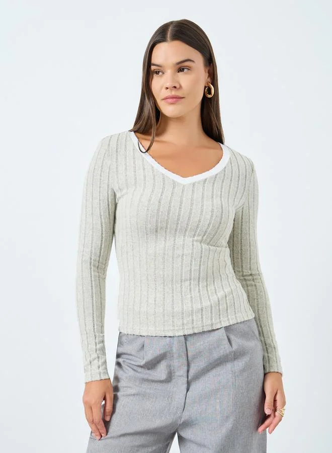 Styli Grey Ribbed V Neck Slim Fit T-Shirt with Contrast Trim