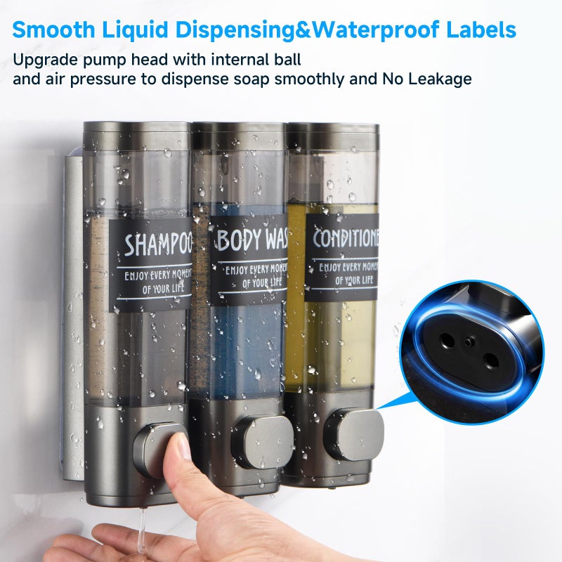 GlintGath Shampoo and Conditioner Dispenser,GlintGath Shower Dispenser 3 Chamber No Drill Shampoo Dispenser for Shower Wall Mounted Shower Soap Dispenser for Bathroom Hotel,3 * 300ML,Gun Gray - Image 4