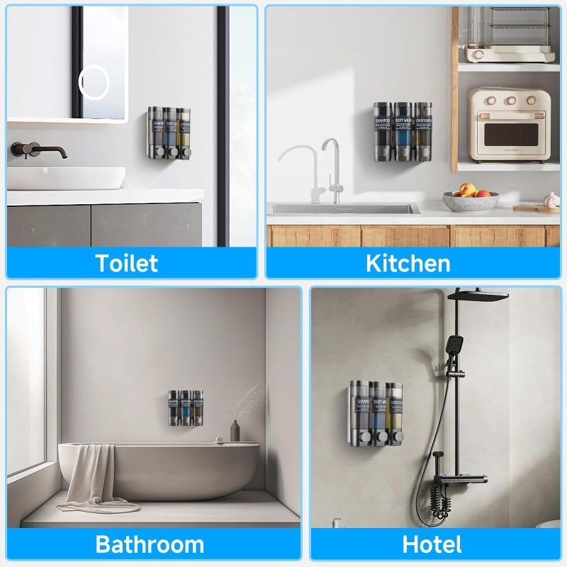 GlintGath Shampoo and Conditioner Dispenser,GlintGath Shower Dispenser 3 Chamber No Drill Shampoo Dispenser for Shower Wall Mounted Shower Soap Dispenser for Bathroom Hotel,3 * 300ML,Gun Gray - Image 2