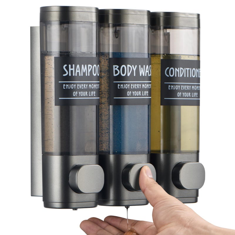 GlintGath Shampoo and Conditioner Dispenser,GlintGath Shower Dispenser 3 Chamber No Drill Shampoo Dispenser for Shower Wall Mounted Shower Soap Dispenser for Bathroom Hotel,3 * 300ML,Gun Gray - Image 1
