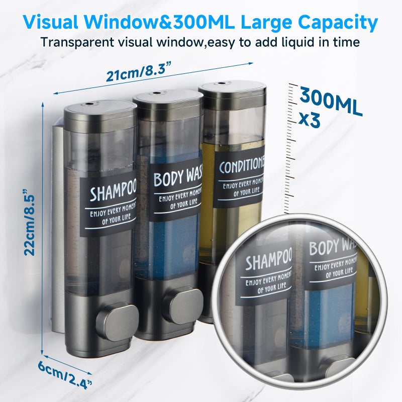 GlintGath Shampoo and Conditioner Dispenser,GlintGath Shower Dispenser 3 Chamber No Drill Shampoo Dispenser for Shower Wall Mounted Shower Soap Dispenser for Bathroom Hotel,3 * 300ML,Gun Gray - Image 5