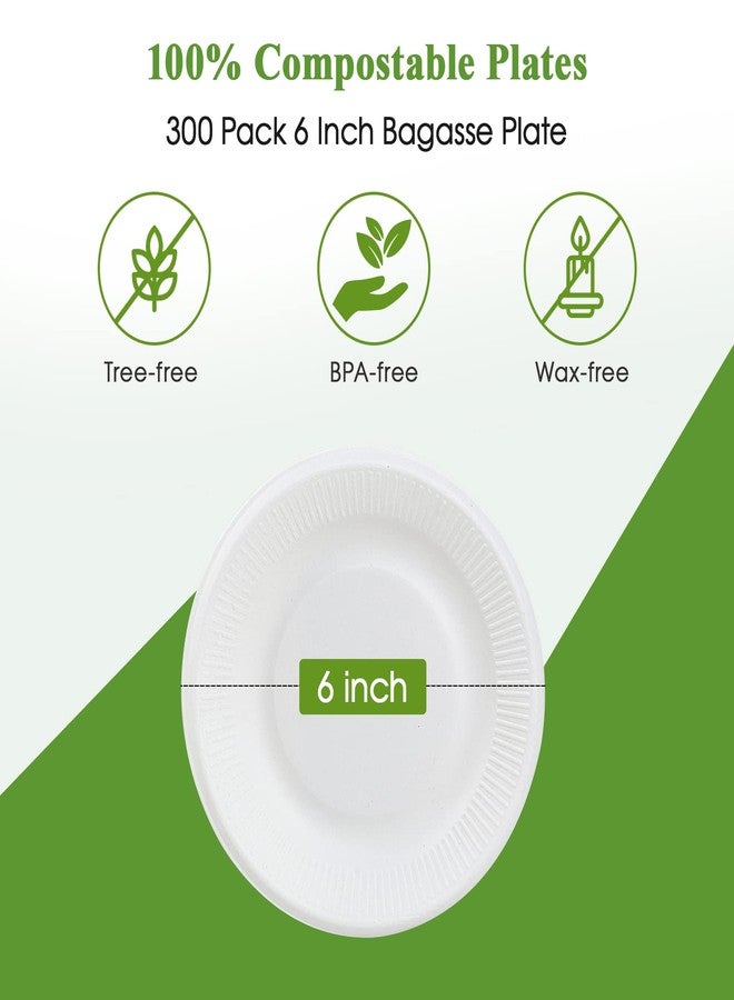 Vplus 100% Compostable Small Paper Plates, 300 Pack 6 Inch Disposable Paper Plates, Uncoated Biodegradable, Made of Sugar Cane Fibers, Perfect for Sandwich, Cake, and Snack - Image 3