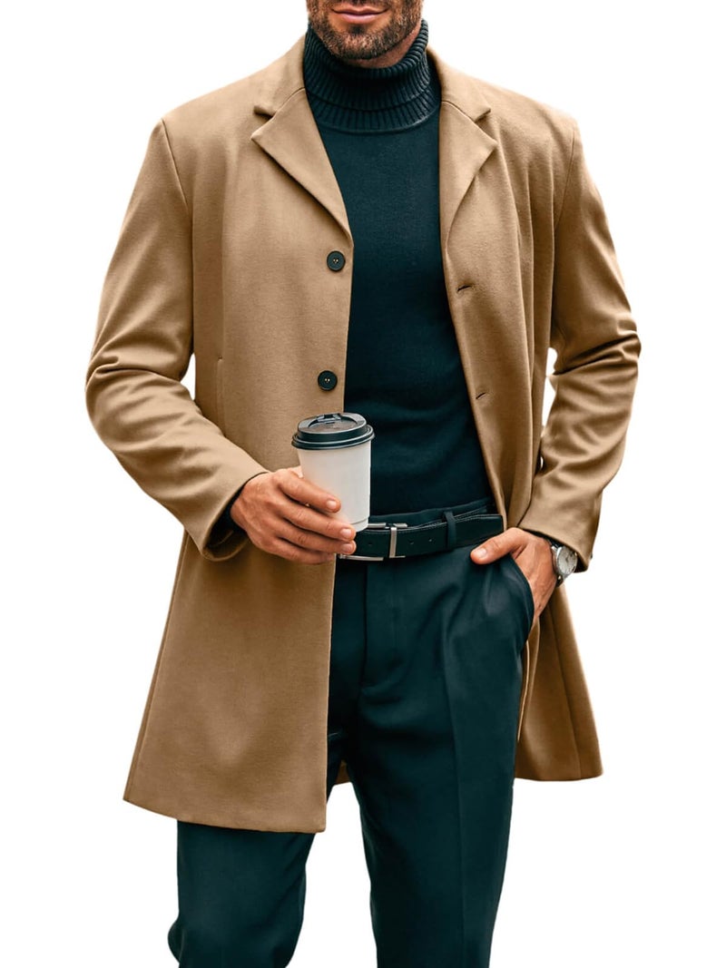 PASLTER Mens Mid Long Trench Coat Slim Fit Winter Pea Coat Single Breasted Business Overcoat - Image 1