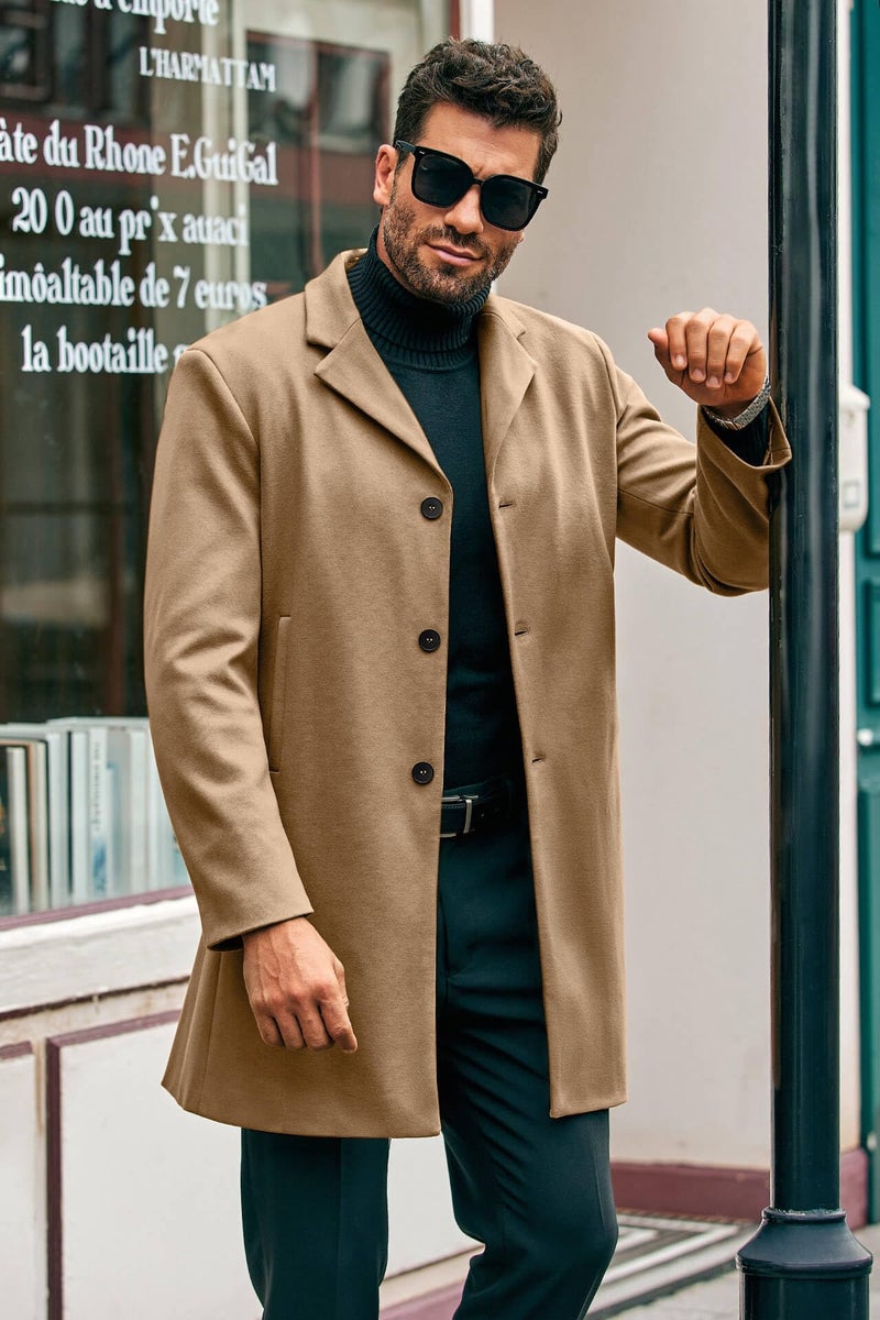 PASLTER Mens Mid Long Trench Coat Slim Fit Winter Pea Coat Single Breasted Business Overcoat - Image 2