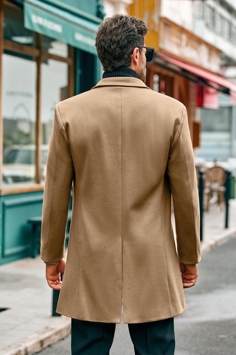 PASLTER Mens Mid Long Trench Coat Slim Fit Winter Pea Coat Single Breasted Business Overcoat - Image 3