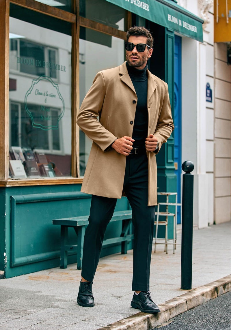 PASLTER Mens Mid Long Trench Coat Slim Fit Winter Pea Coat Single Breasted Business Overcoat - Image 4