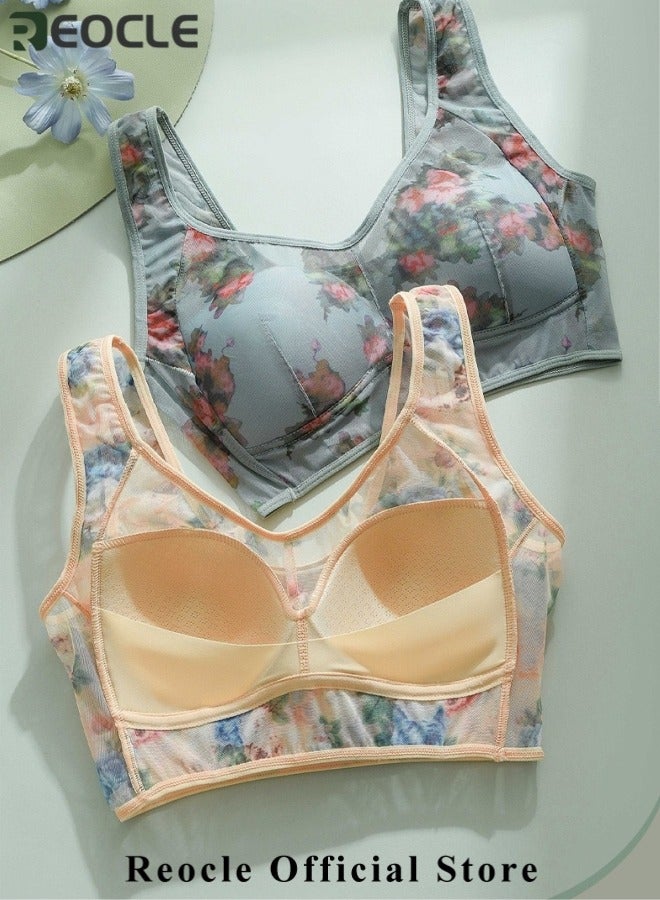 REOCLE Women's Seamless Bra without Steel Ring Flower Patterned Lingerie Vest Style Underwear Printed Underwear Big Chest Appears Small Breathable No Sensory Support Bra for Mather - Image 3