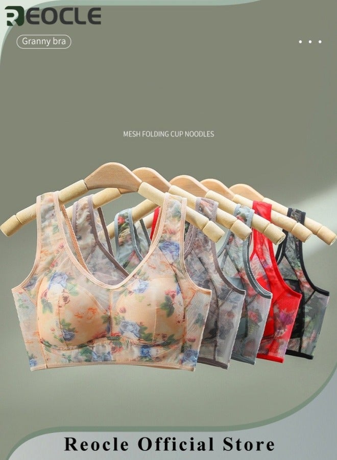 REOCLE Women's Seamless Bra without Steel Ring Flower Patterned Lingerie Vest Style Underwear Printed Underwear Big Chest Appears Small Breathable No Sensory Support Bra for Mather - Image 2