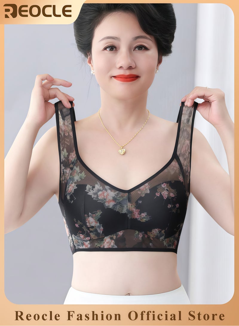 REOCLE Women's Seamless Bra without Steel Ring Flower Patterned Lingerie Vest Style Underwear Printed Underwear Big Chest Appears Small Breathable No Sensory Support Bra for Mather - Image 1