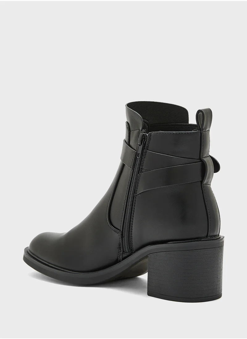 Truffle Block Heel Buckle Detail Ankle Boots