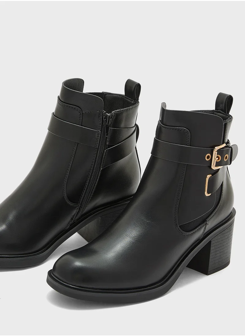 Truffle Block Heel Buckle Detail Ankle Boots