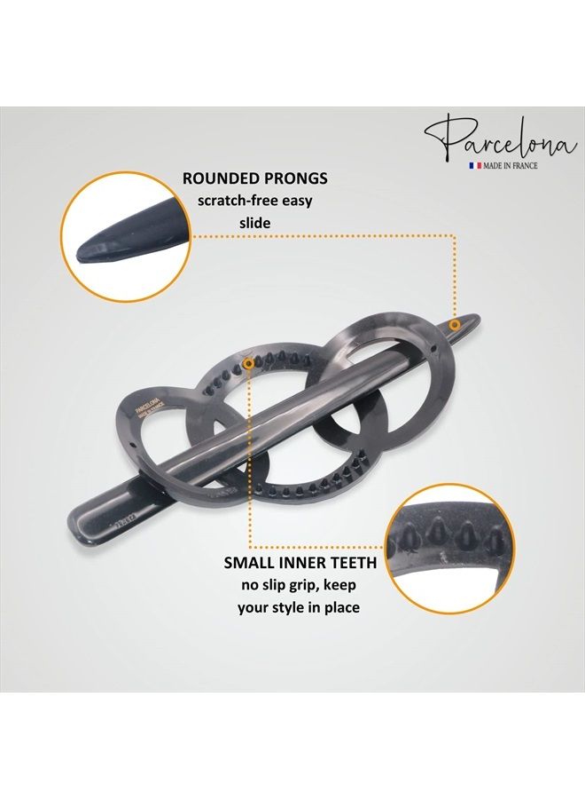 Parcelona French Triple Ringed 3.5" Black Cellulose Hair Slider Pin Thru Holder Barrette Non Slip Women Hair Accessories, Made in France - Image 3