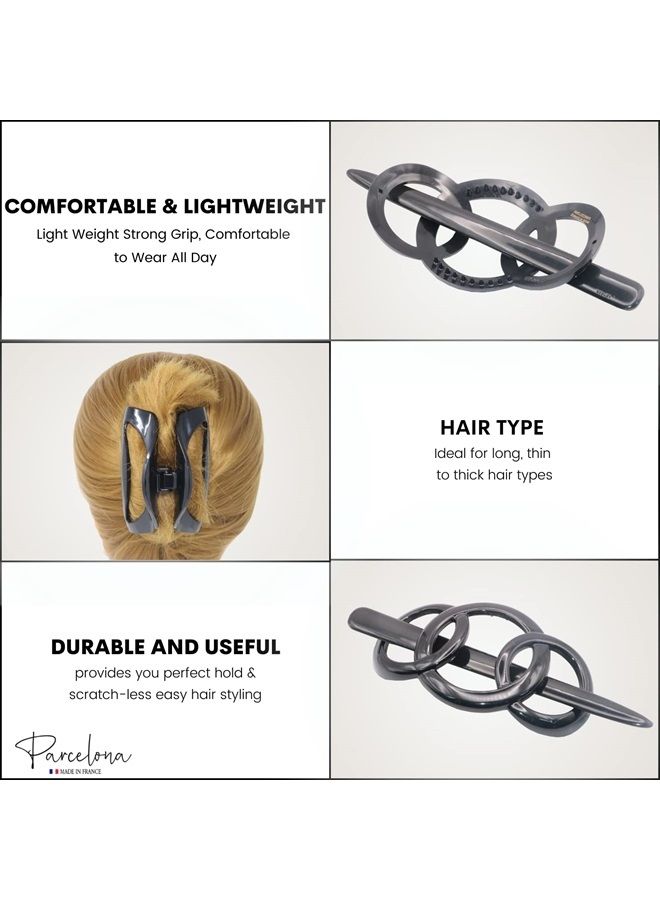 Parcelona French Triple Ringed 3.5" Black Cellulose Hair Slider Pin Thru Holder Barrette Non Slip Women Hair Accessories, Made in France - Image 2