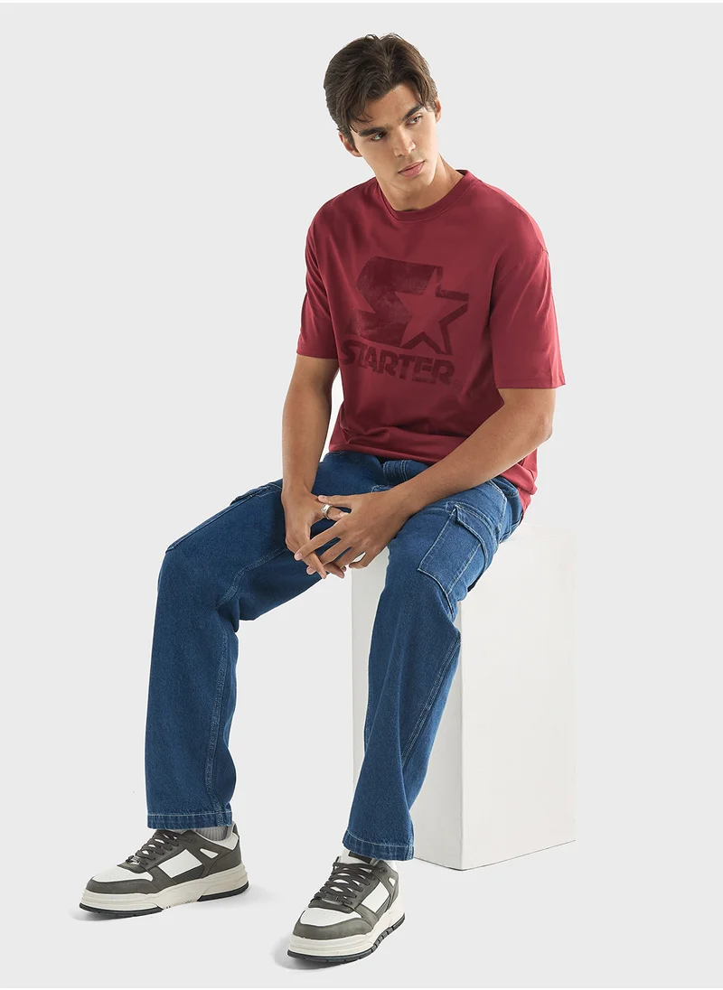 فاف Starter Print T-shirt with Crew Neck and Short Sle