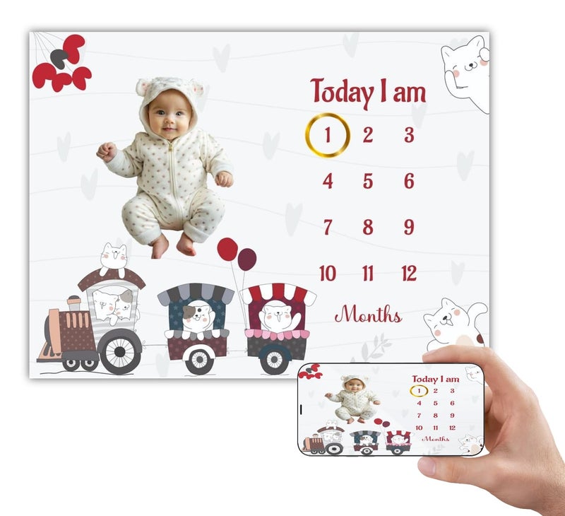 Hoolloomooloo Monthly Milestone Blanket Cartoon Train Design 112 Months UltraSoft SkinFriendly Ideal for Newborn Girls Perfect Baby Growth Tracker Photoshoot Prop