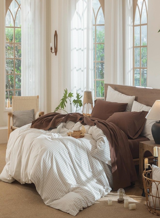 MooMee Bedding Sheet Set 100% Washed Cotton Linen Like Textured Breathable Durable Soft Comfy (Solid Cocoa Brown, Full) - Image 3