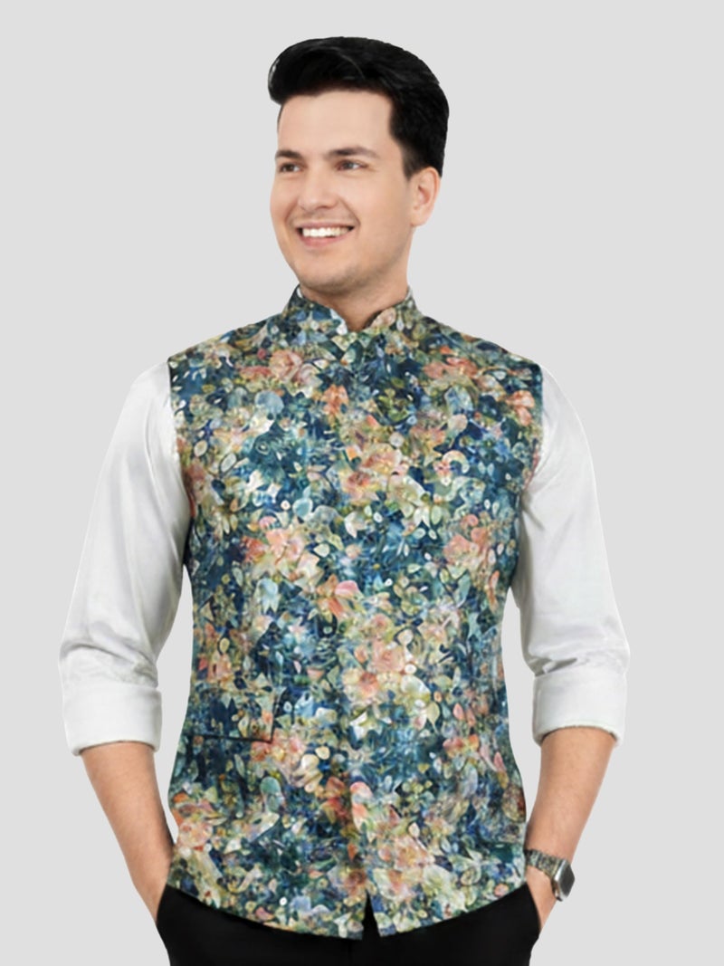 VASTRAMAY Men's Blue Silk Blend Nehru Jacket - Image 3