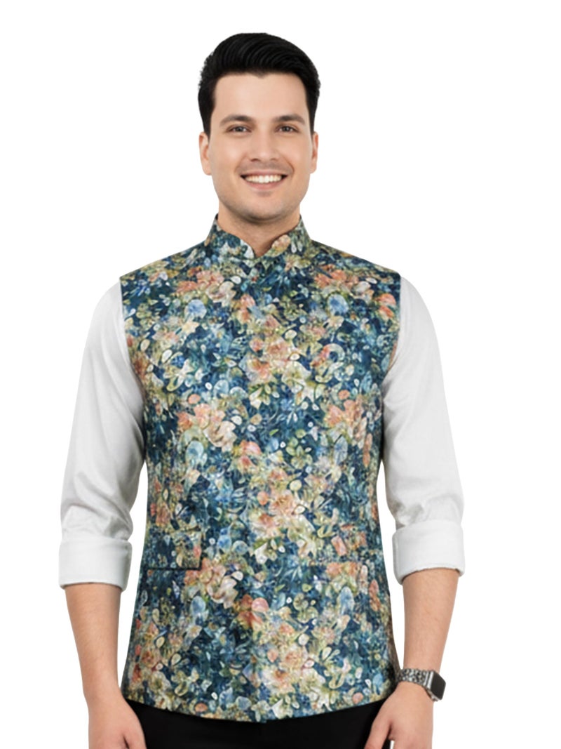 VASTRAMAY Men's Blue Silk Blend Nehru Jacket - Image 1