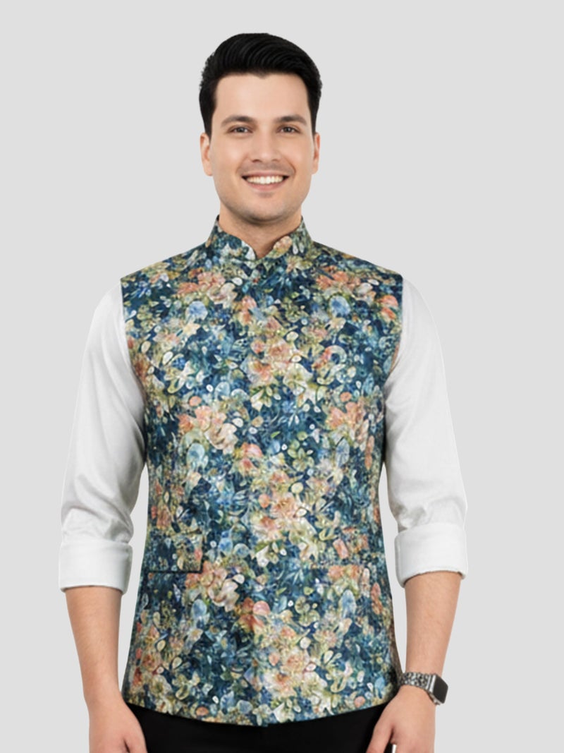 VASTRAMAY Men's Blue Silk Blend Nehru Jacket - Image 4