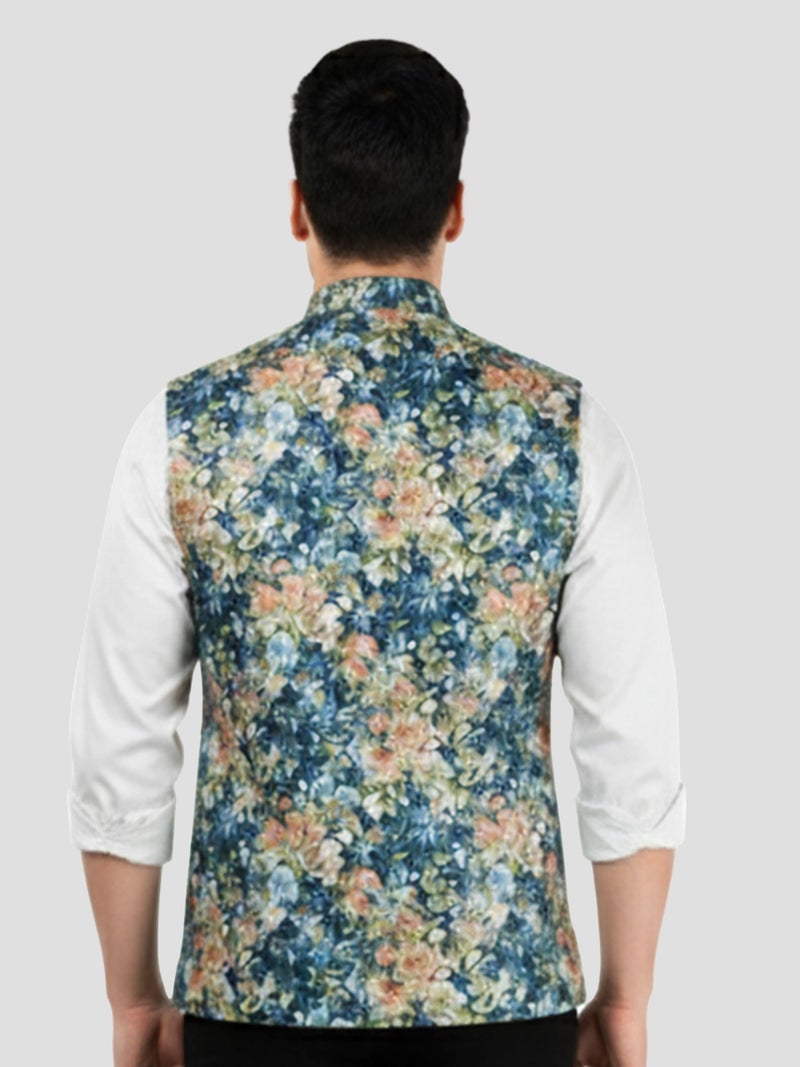 VASTRAMAY Men's Blue Silk Blend Nehru Jacket - Image 5