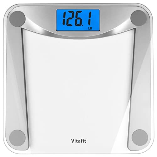 Vitafit Digital Bathroom Weight Scale for Body Weight High Accuracy Assured by Weighing Professional Since 2001Extra Large Blue Backlit LCD and StepOn 400lb182kg Clear Glass