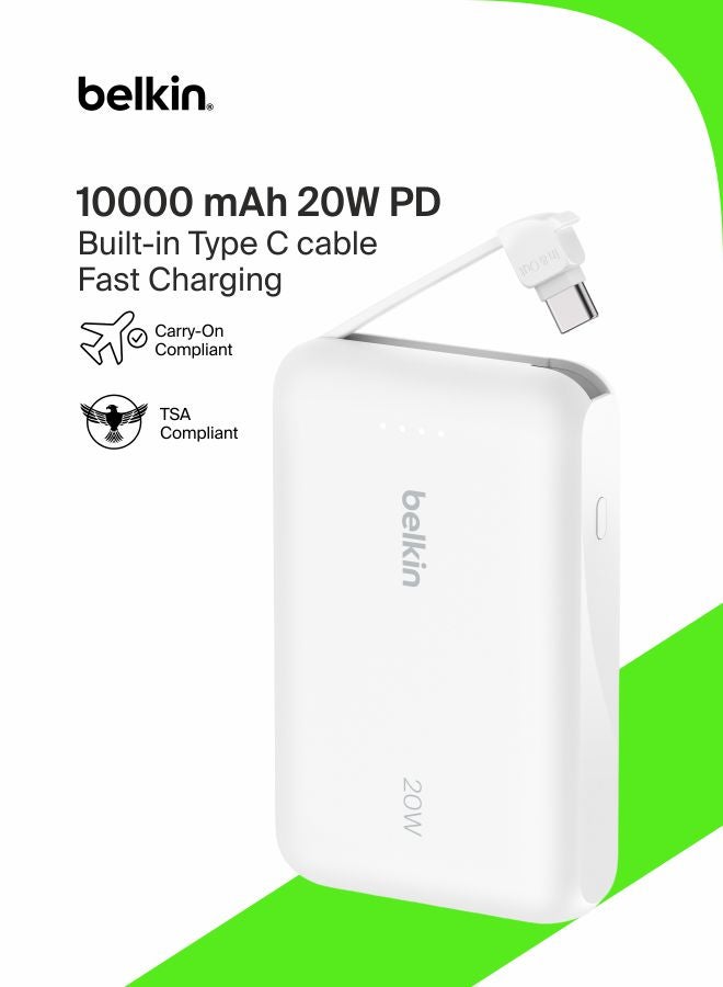 بيلكين شاحن BoostCharge المحمول من Belkin بقدرة 10 آلاف مللي أمبير مع كابل مدمج بقوة 20 واط- توصيل طاقة عبر منفذ USB-C، مناسب للشحن السريع لأجهزة iPhone للسلاسل iPhone 16‏، iPad Pro، Galaxy S24، وغيرها 10000 mAh - Image 1