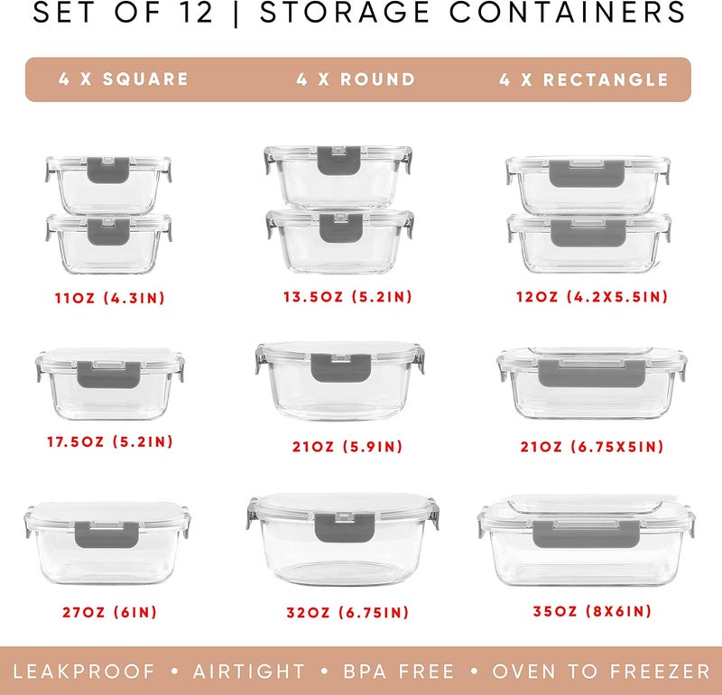 JoyJolt JoyFul 24pc Borosilicate Glass Storage Containers with Lids. 12 Airtight, Freezer Safe Food Storage Containers, Pantry Kitchen Storage Containers, Glass Meal Prep Container for Lunch - Image 2