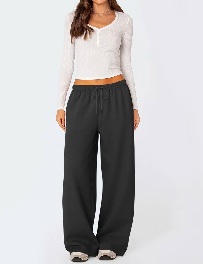 HeSaYep Women's Wide Leg Sweatpants Baggy Fleece Lined High Waisted Sweat Pants Straight Leg Casual Drawstring Pants with Pockets Black M - Image 4