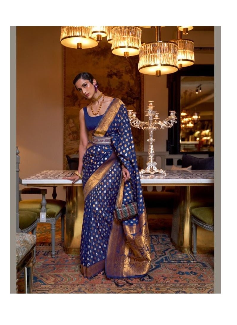 Grab Mantra Traditional Silk Blue Saree With Golden Silver Design And Border Plus Unstitched Plain Blouse  - Image 2