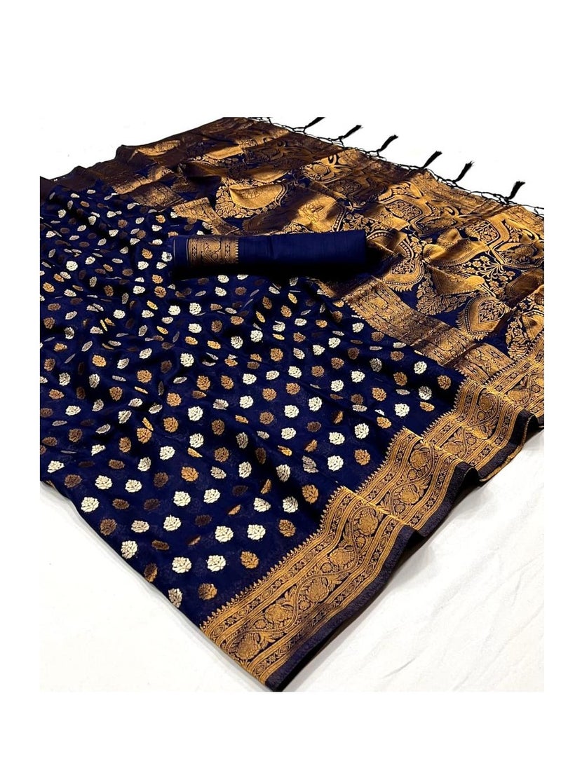 Grab Mantra Traditional Silk Blue Saree With Golden Silver Design And Border Plus Unstitched Plain Blouse  - Image 1