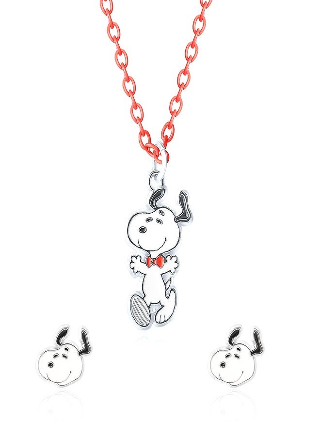 بينتس طقم مجوهرات سنوبي من سلسلة بيناتس، يتضمن قلادة وأقراط سنوبي، مرخص رسميًا، طول القلادة 16 بوصة + 3 بوصات مع سلسلة حمراء - Image 1